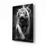 Tiger's Wrath glass wall art displayed above a leather sofa in a man cave with collector pulse