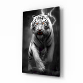 Tiger's Wrath glass wall art displayed above a leather sofa in a man cave with collector pulse