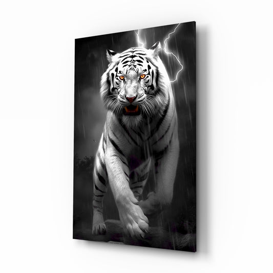 Tiger's Wrath glass wall art displayed above a leather sofa in a man cave with collector pulse