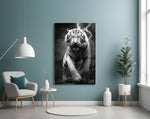Tiger's Wrath glass wall art styled above a console in a study