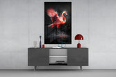 Flamingo panel catching lamp light to reveal its painterly fire