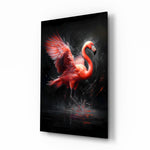 Flamingo glass wall art displayed above a sectional in a coral-accented living room