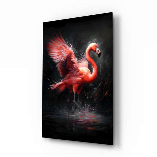 Flamingo glass wall art displayed above a sectional in a coral-accented living room