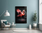 Flamingo glass wall art styled above a velvet bench in a powder room