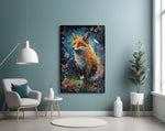 The Fox glass wall art styled above a console in a contemporary living room