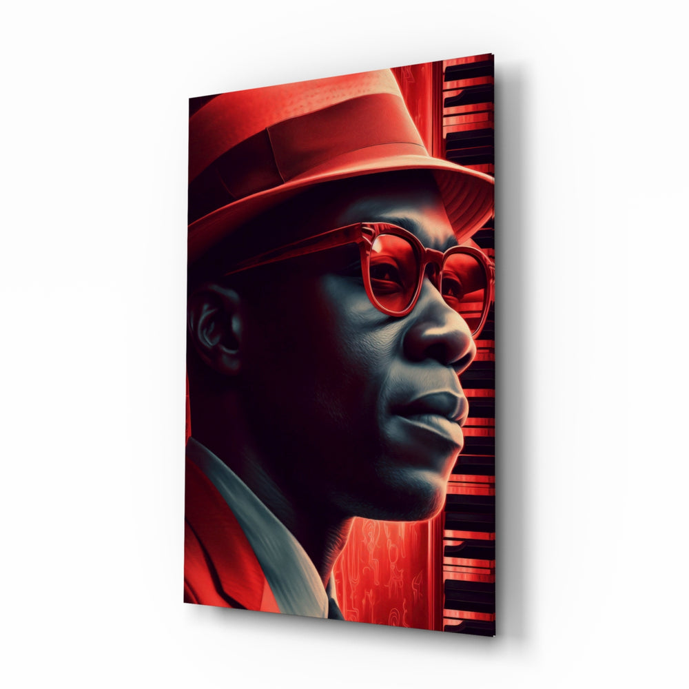 Jazz glass wall art displayed above an upright piano in a music room