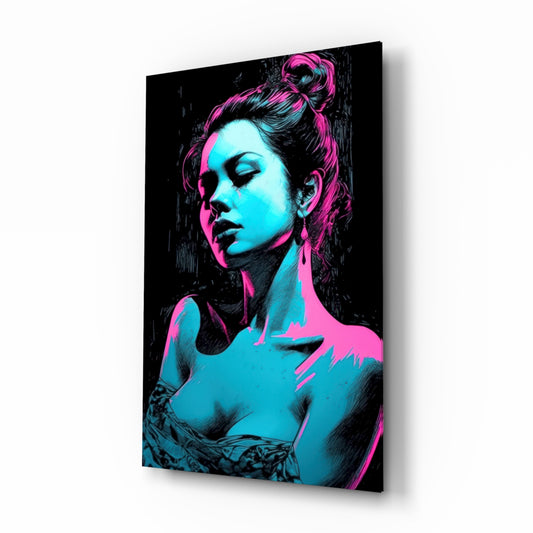 Girl glass wall art displayed above a vanity in a contemporary dressing room