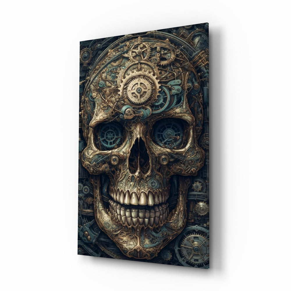 The Skull glass wall art displayed above a leather chair in a contemporary study