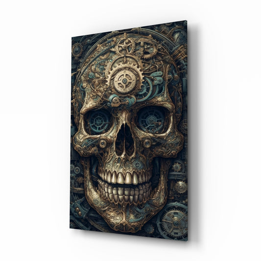 The Skull glass wall art displayed above a leather chair in a contemporary study