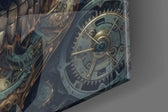 Clockwork-muse artwork anchoring a wall with bronze-and-teal palette