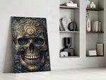 The Skull glass print enhancing a media room with mechanical palette