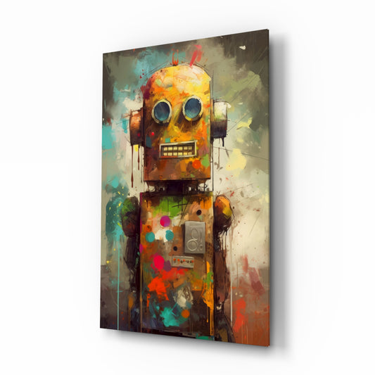 Robocute glass wall art displayed above a desk in a child's bedroom