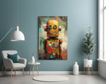 Robocute glass wall art styled above a console in a media room