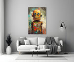 Robocute close-up showing yellow domed head and graffiti splatter torso