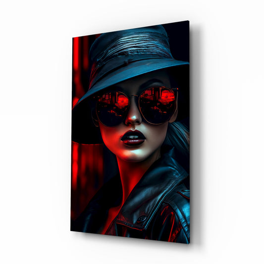 Style and Woman glass wall art displayed above a vanity in a contemporary dressing room