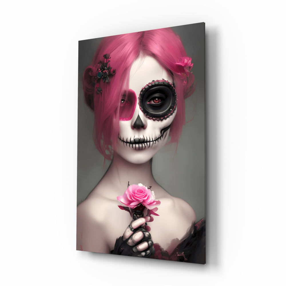 Corpse Bride glass wall art displayed above a vanity in a contemporary dressing room