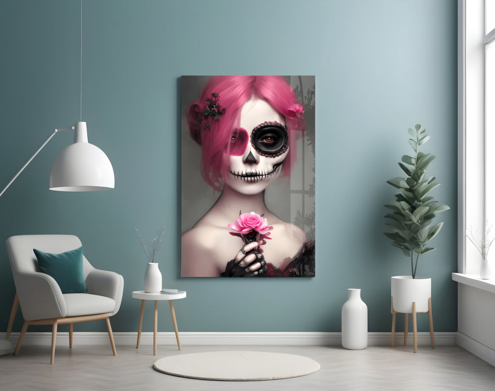 Corpse Bride glass wall art styled above a velvet bench in a salon