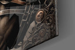 Armored-muse artwork anchoring a wall with sepia-and-copper palette