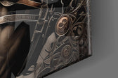 Armored-muse artwork anchoring a wall with sepia-and-copper palette