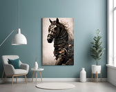 Warrior's Horse glass wall art styled above a leather chesterfield in a library