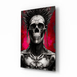 Warrior glass wall art displayed above a leather chair in a moody man cave