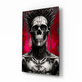 Warrior glass wall art displayed above a leather chair in a moody man cave
