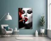 Cuban glass wall art styled above a velvet bench in a dressing room