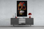 Flowery Skull panel catching lamp light to reveal its festive depth