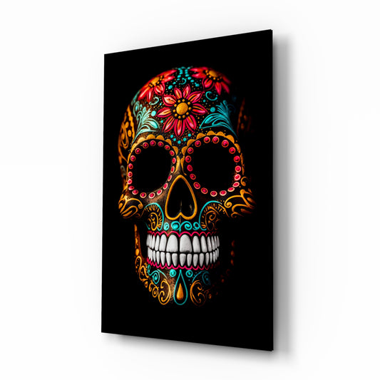 Flowery Skull glass wall art displayed above a sideboard in a colorful living room