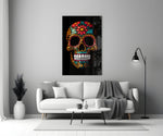 Flowery Skull close-up showing crimson sunflower brow and turquoise scrollwork