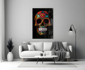 Flowery Skull close-up showing crimson sunflower brow and turquoise scrollwork