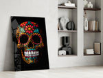 Flowery Skull glass print enhancing a den with folkloric palette
