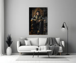 Elvis Presley in the Throne close-up showing black gold-embroidered coat and medallion
