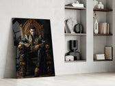 Elvis Presley in the Throne glass print enhancing a den with regal palette