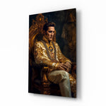 Elvis Presley in the Throne glass wall art displayed above a leather chesterfield in a study