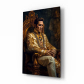Elvis Presley in the Throne glass wall art displayed above a leather chesterfield in a study