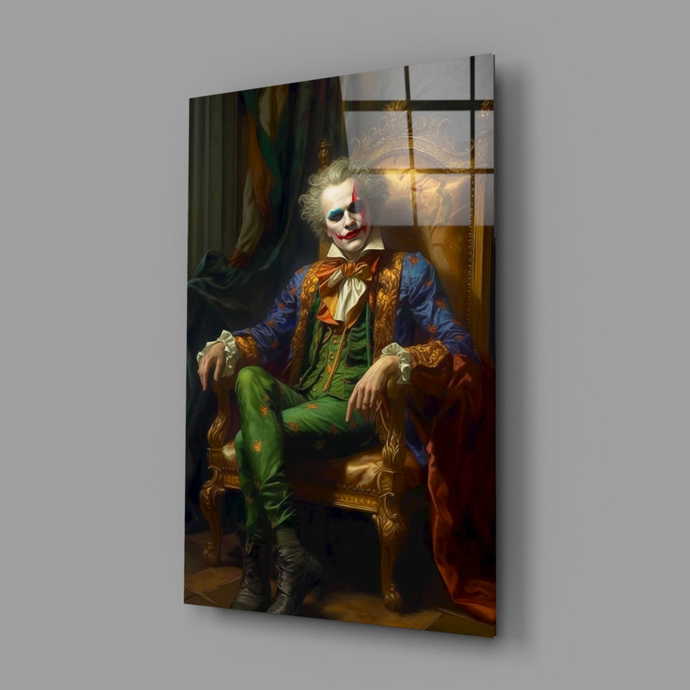 Baroque-clown panel bringing painterly mischief to a contemporary media room