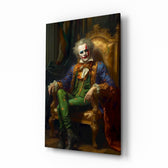Clown and the Throne glass wall art displayed above a leather chesterfield in a study