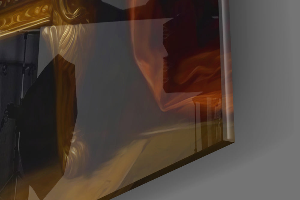 Court-jester-muse artwork anchoring a wall with sapphire-and-gold palette