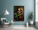 Clown and the Throne glass wall art styled above a sideboard in a man cave