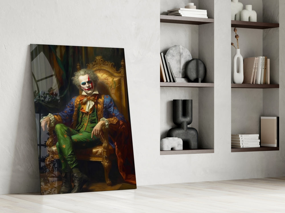 Clown and the Throne glass print enhancing a den with theatrical palette