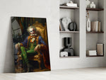Clown and the Throne glass print enhancing a den with theatrical palette