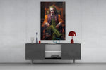 Joker in the Throne panel catching lamp light to reveal its painterly mischief