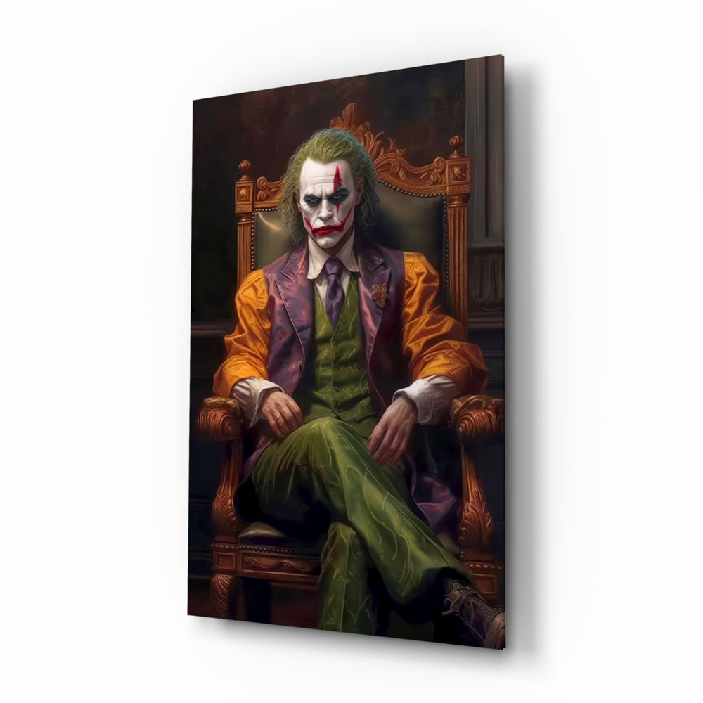 Joker in the Throne glass wall art displayed above a leather chesterfield in a study