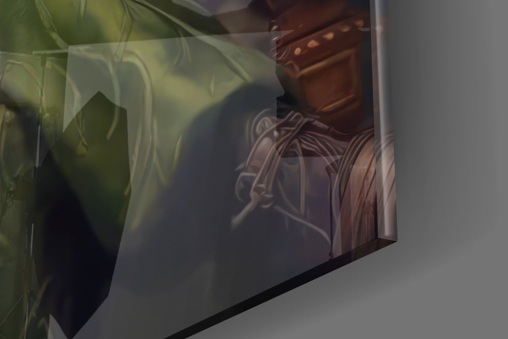 Court-jester-muse artwork anchoring a wall with plum-and-jade palette