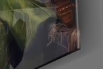 Court-jester-muse artwork anchoring a wall with plum-and-jade palette