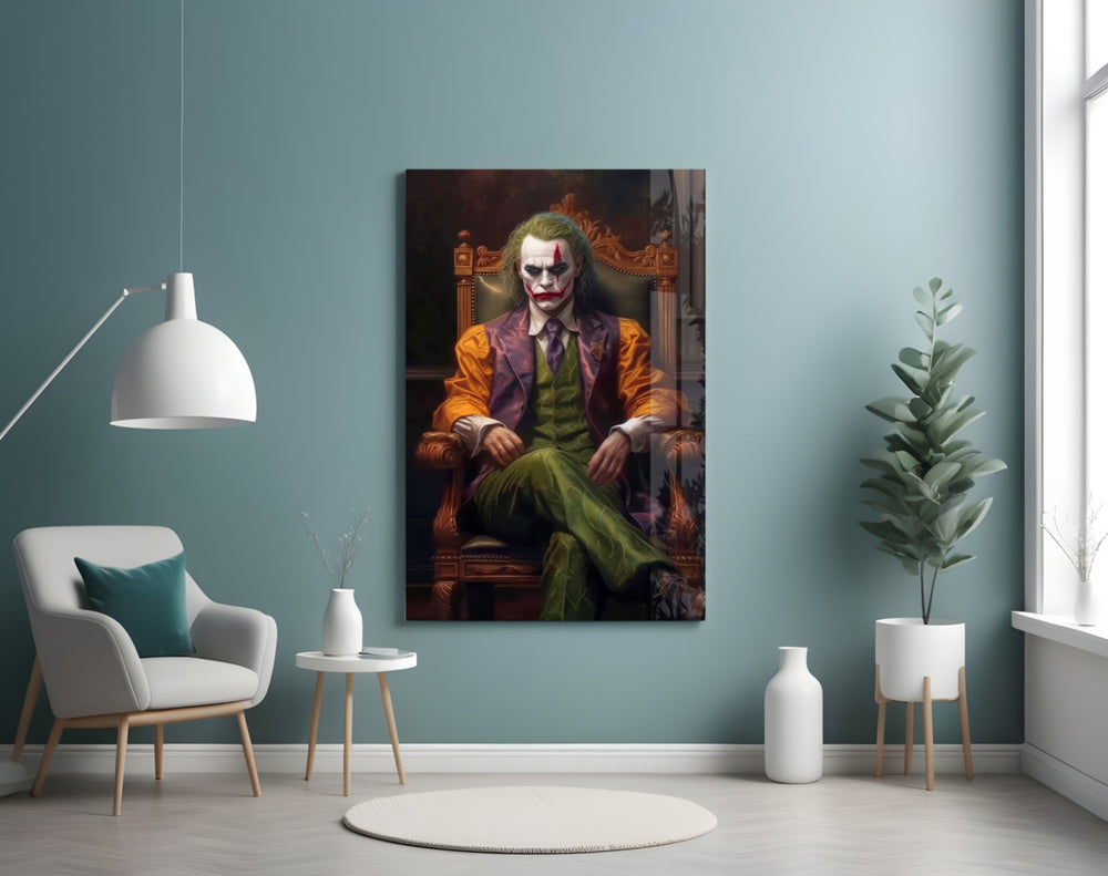 Joker in the Throne glass wall art styled above a sideboard in a man cave