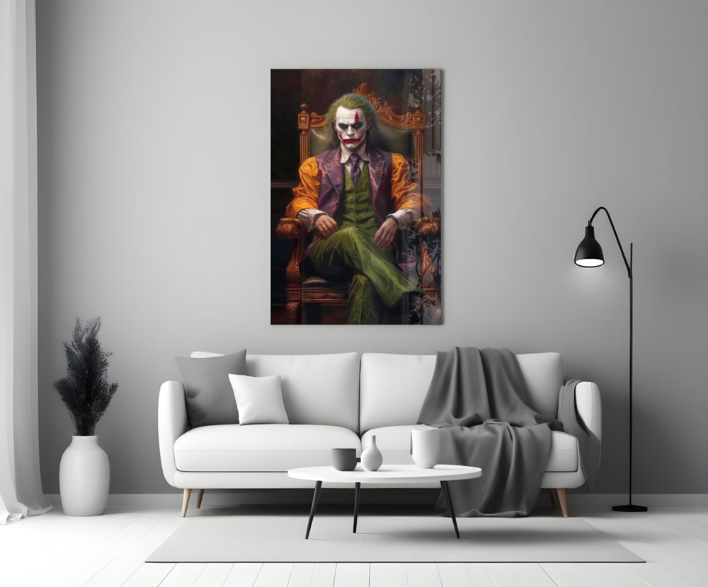 Joker in the Throne close-up showing plum tailcoat, olive vest and jade trousers