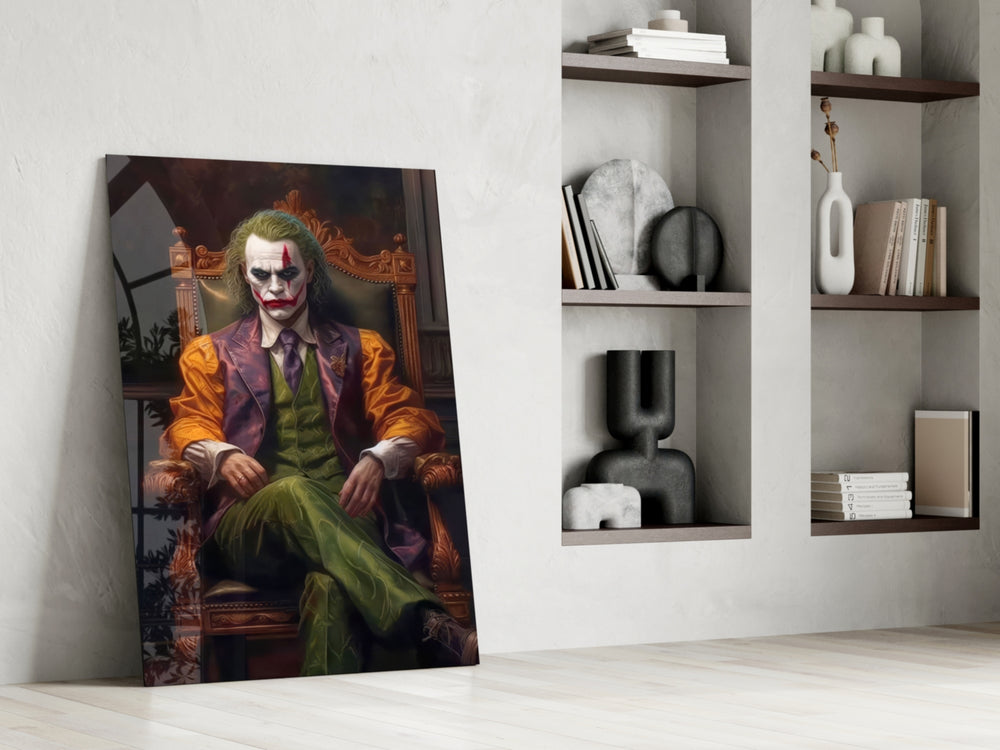 Joker in the Throne glass print enhancing a den with theatrical palette