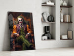 Joker in the Throne glass print enhancing a den with theatrical palette